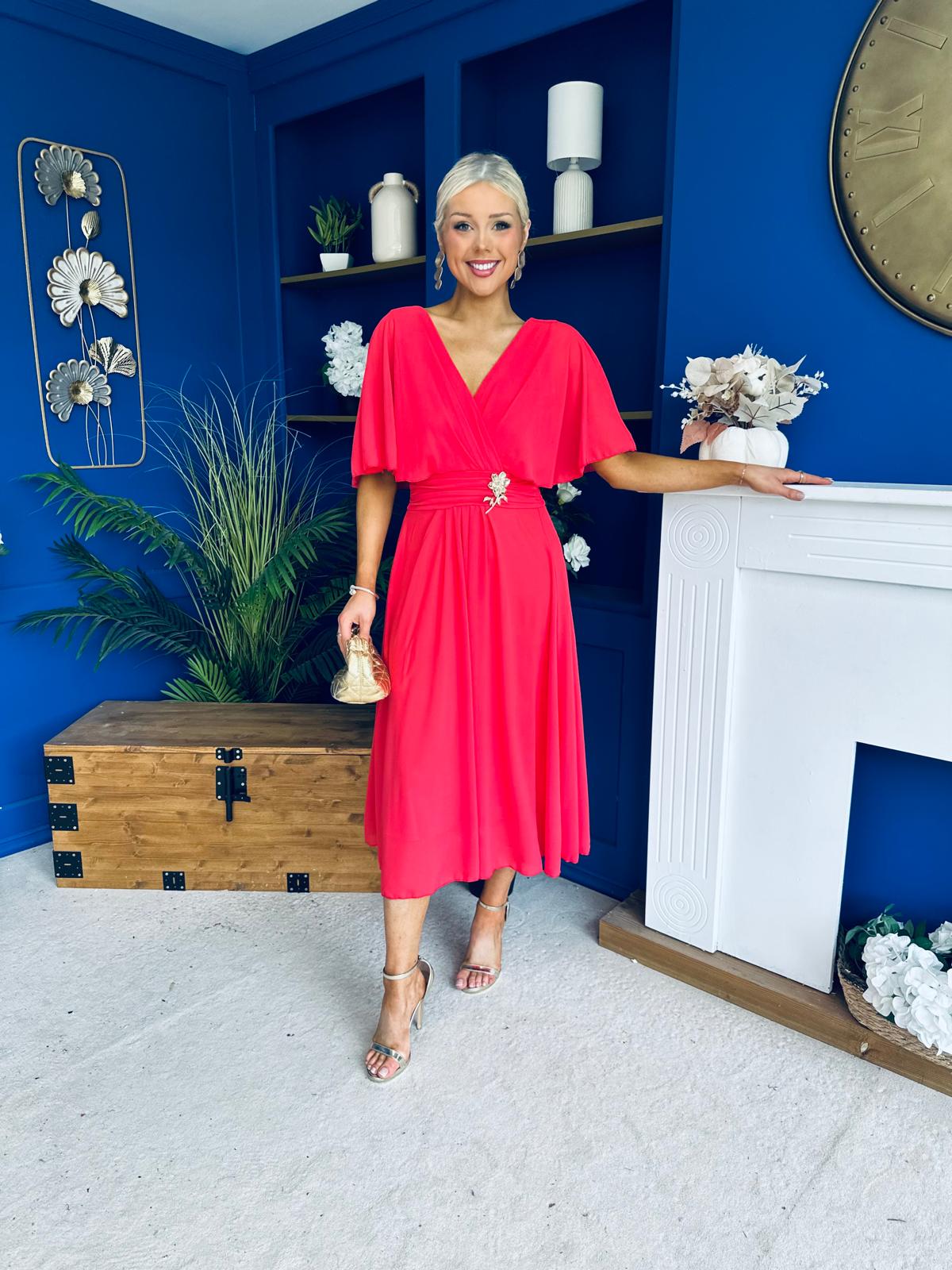 Nancy Cape Detailed Midi Dress Coral