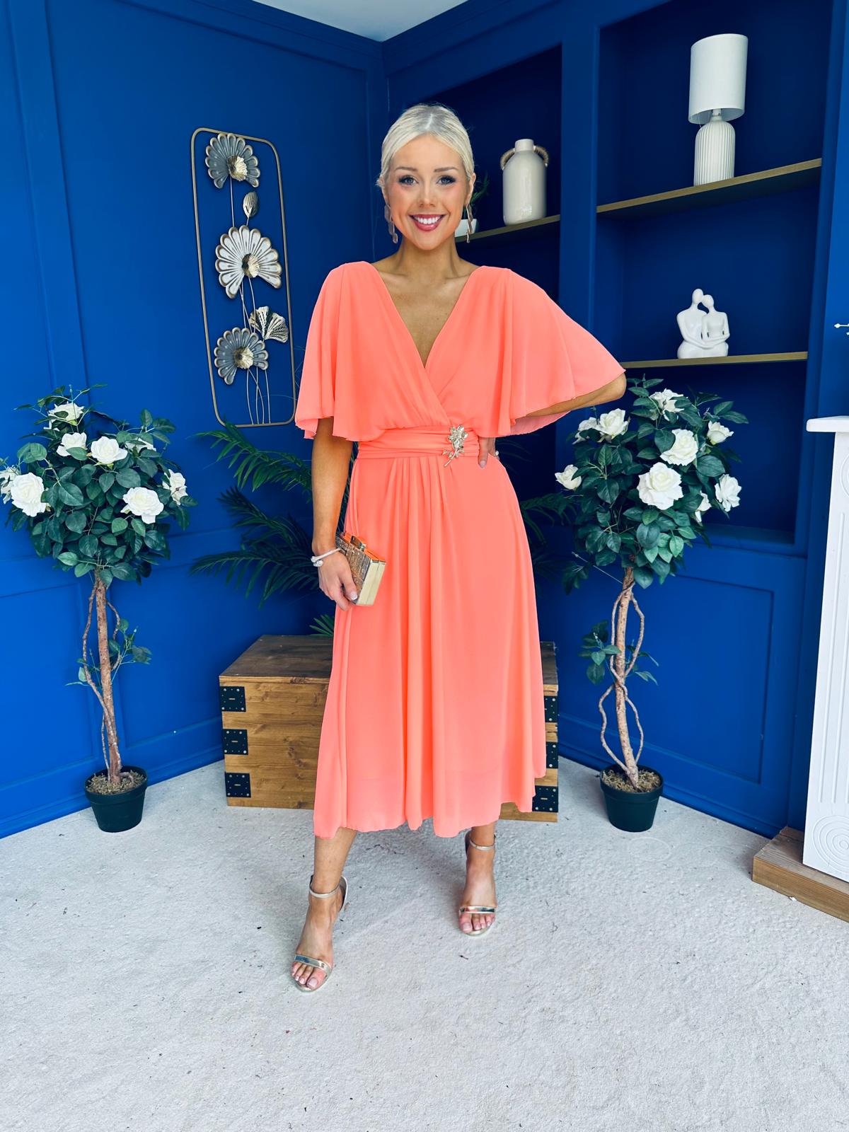 Nancy Cape Detailed Midi Dress Peach
