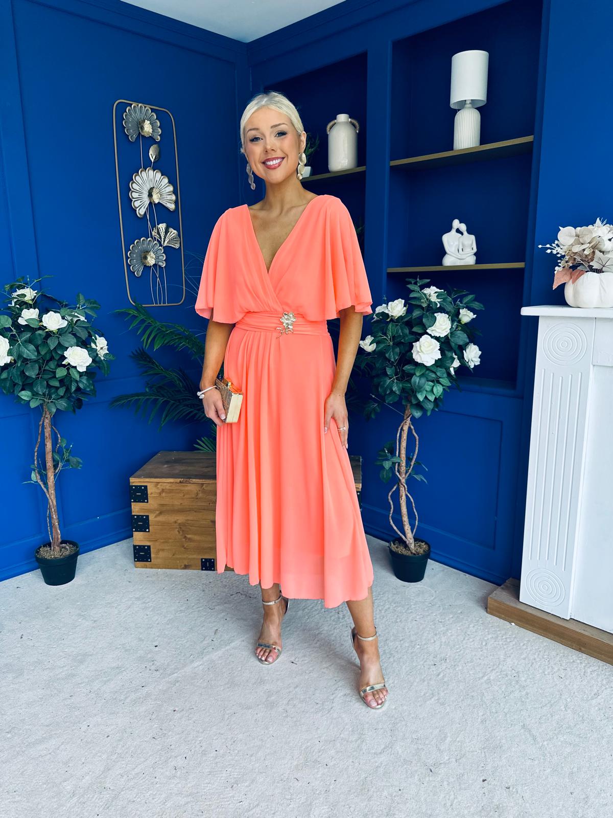 Nancy Cape Detailed Midi Dress Peach