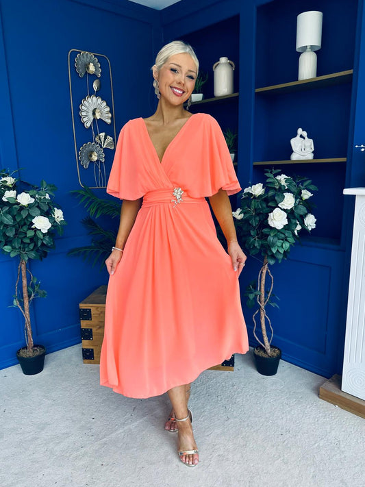 Nancy Cape Detailed Midi Dress Peach