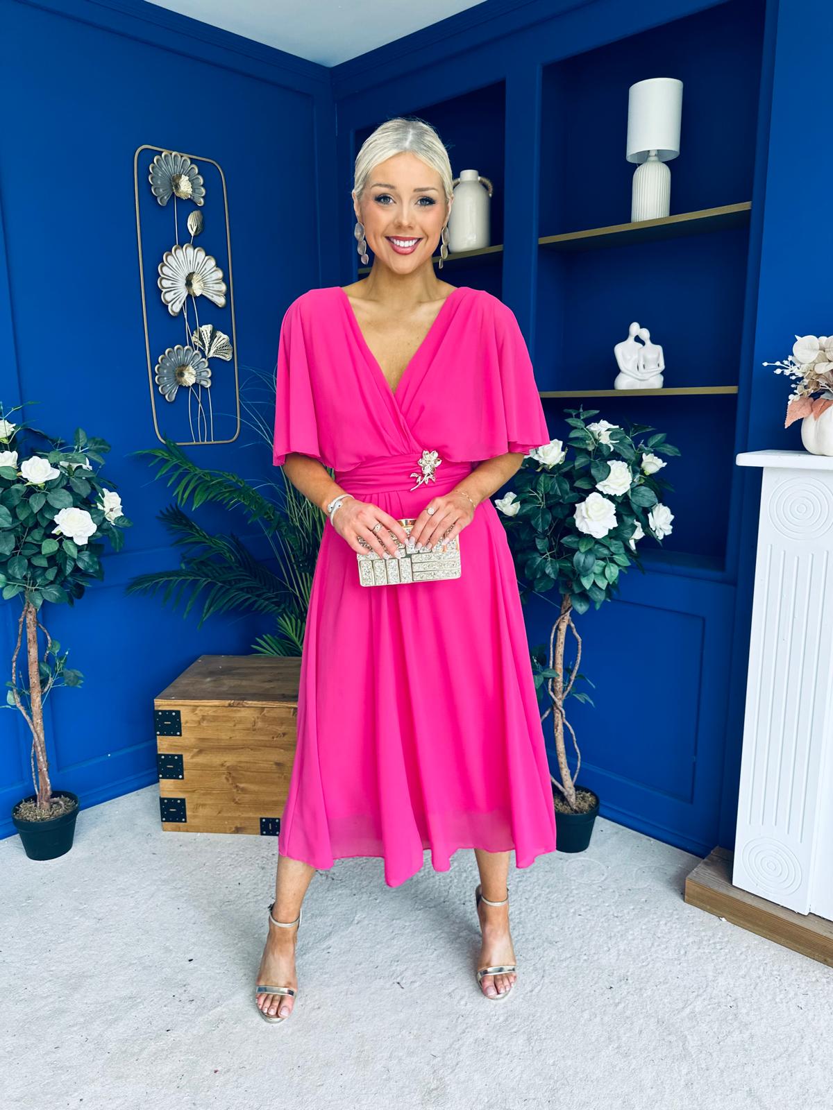 Nancy Cape Detailed Midi Dress Fuchsia