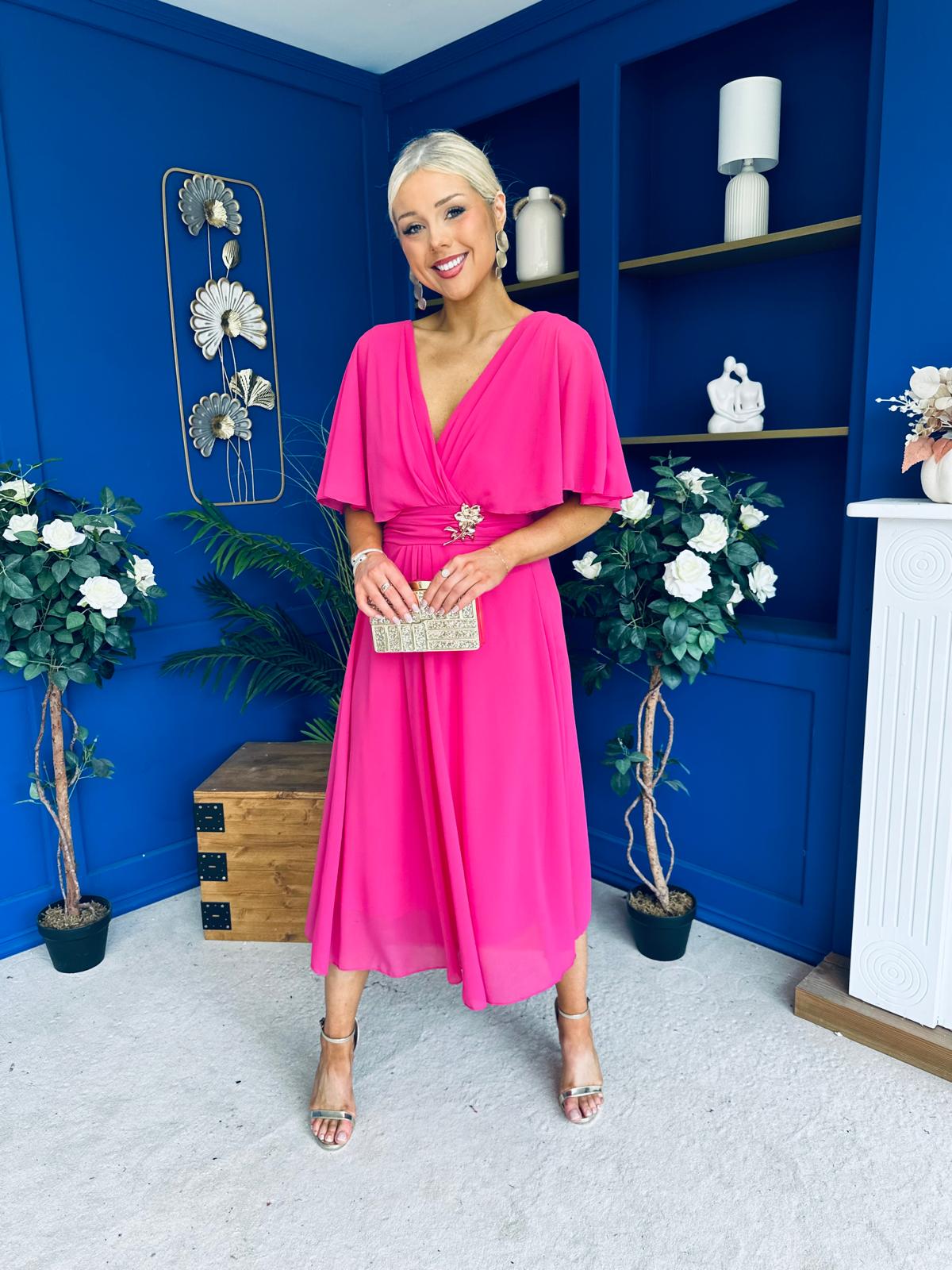 Nancy Cape Detailed Midi Dress Fuchsia