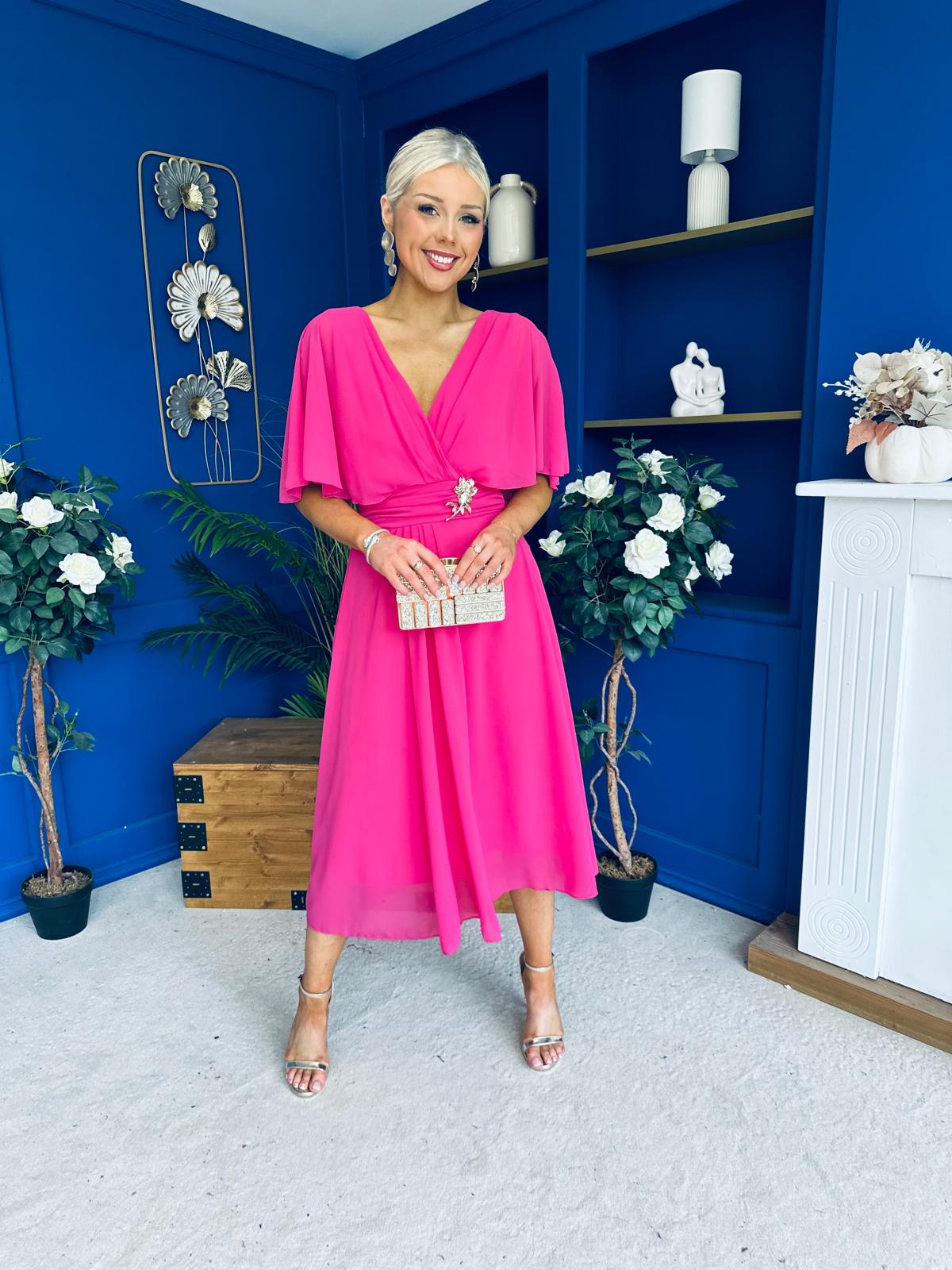Nancy Cape Detailed Midi Dress Fuchsia