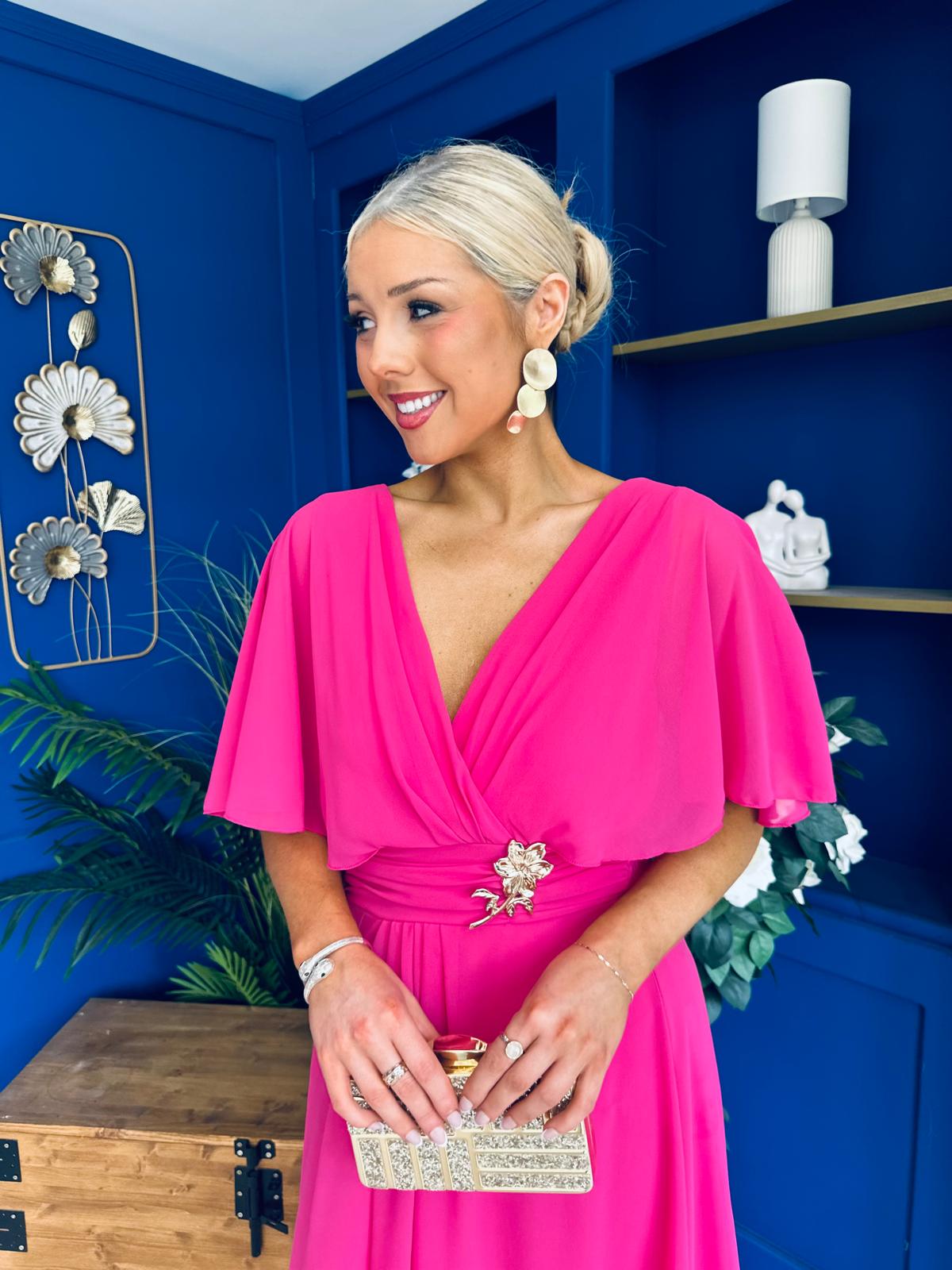 Nancy Cape Detailed Midi Dress Fuchsia