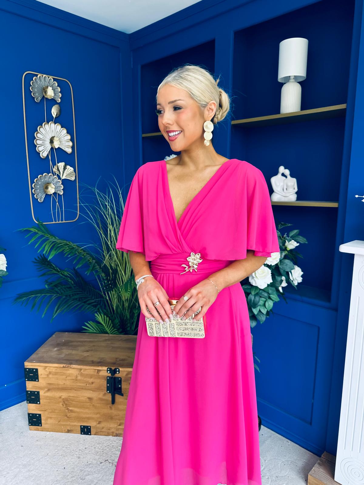 Nancy Cape Detailed Midi Dress Fuchsia