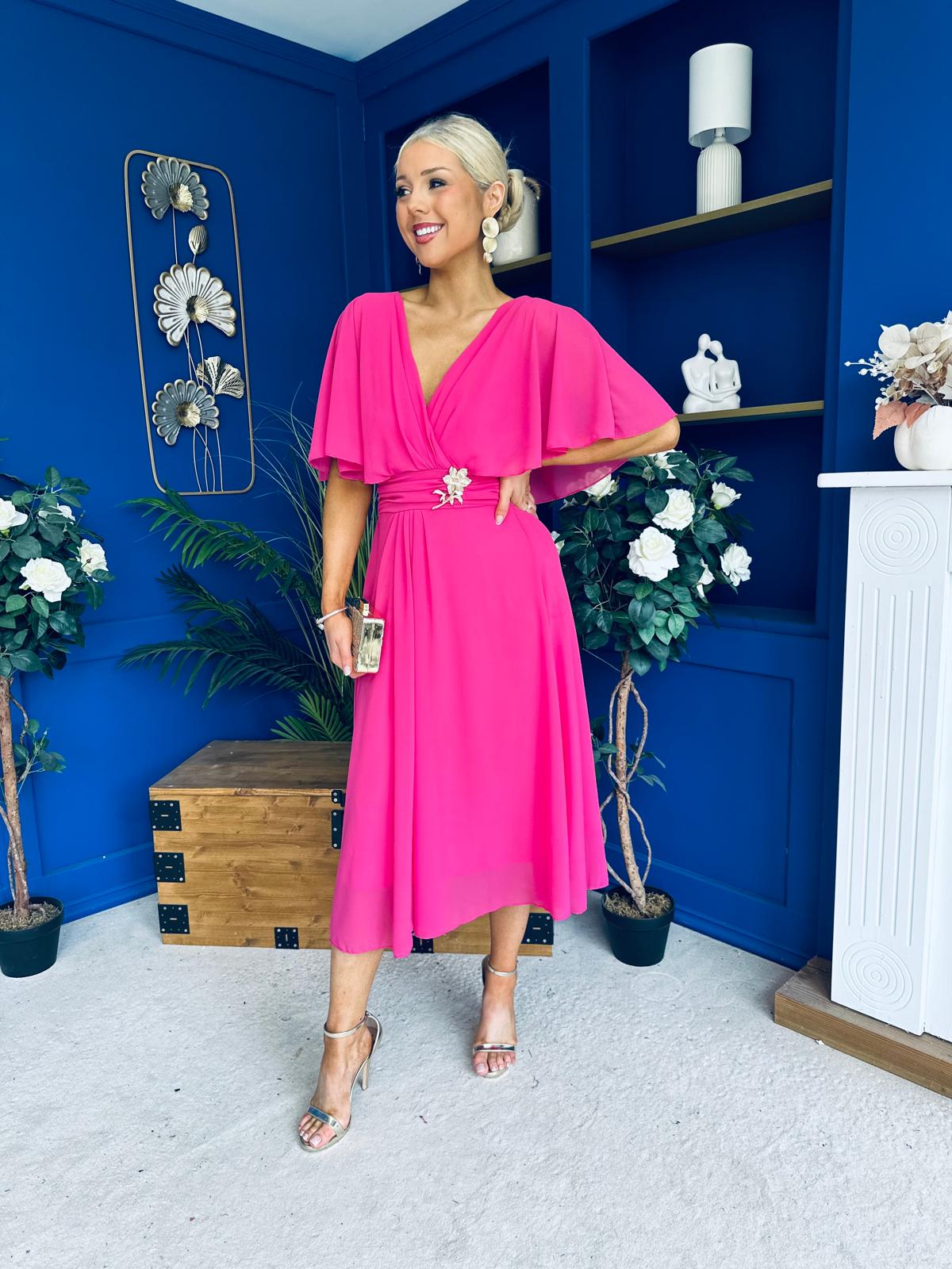Nancy Cape Detailed Midi Dress Fuchsia