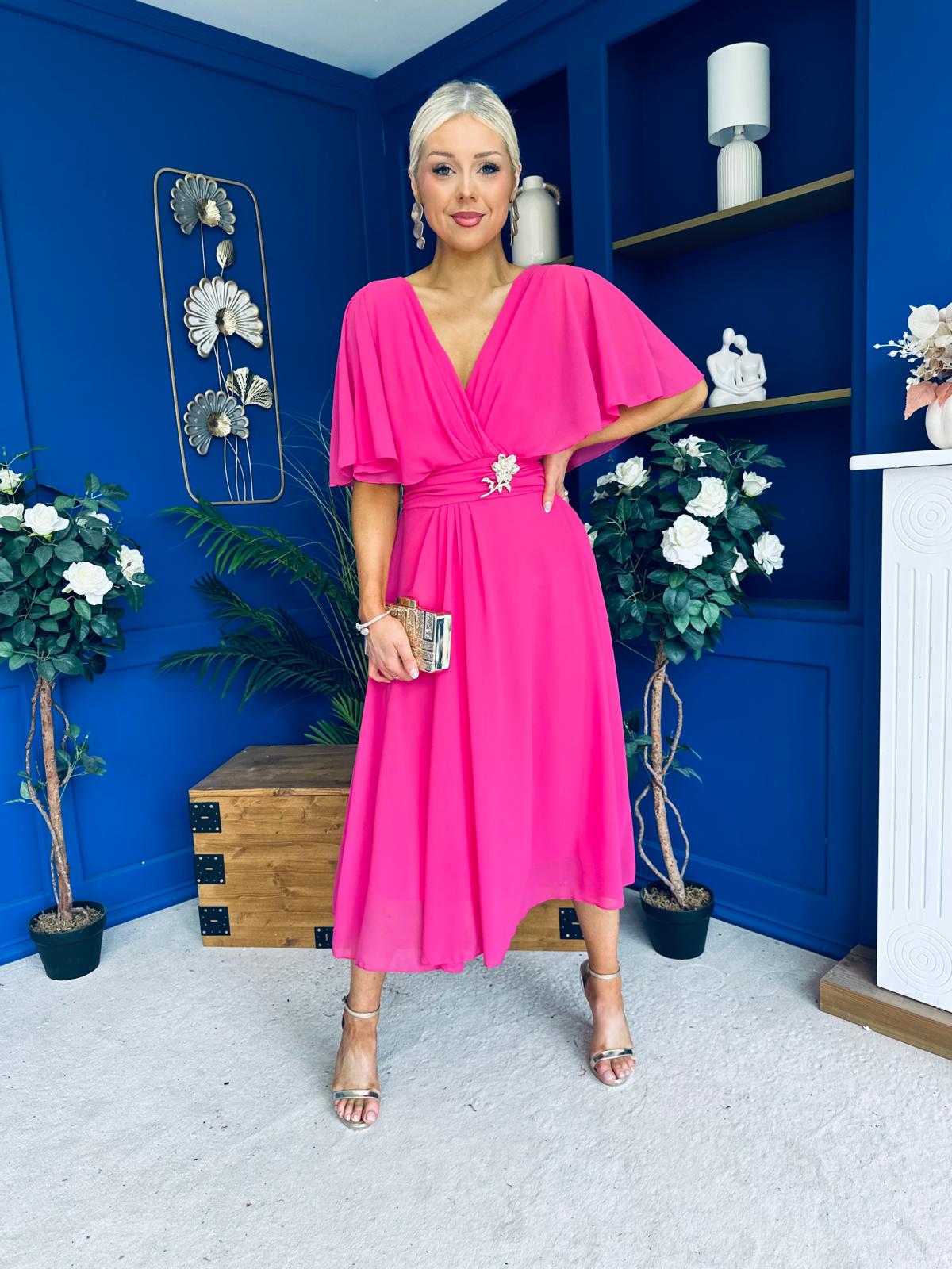 Nancy Cape Detailed Midi Dress Fuchsia