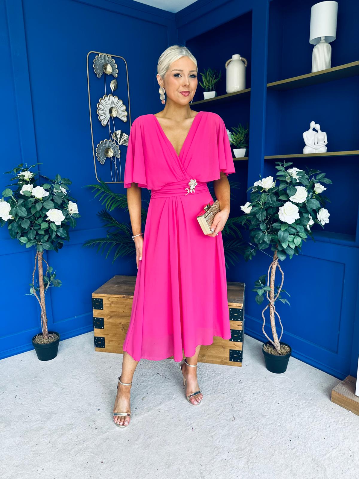 Nancy Cape Detailed Midi Dress Fuchsia