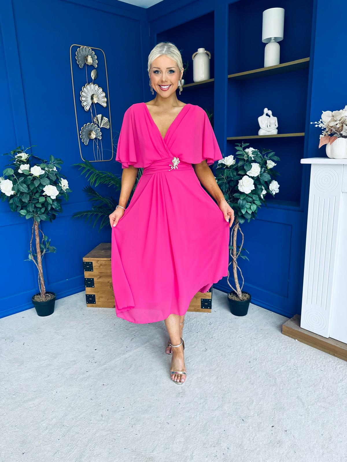 Nancy Cape Detailed Midi Dress Fuchsia