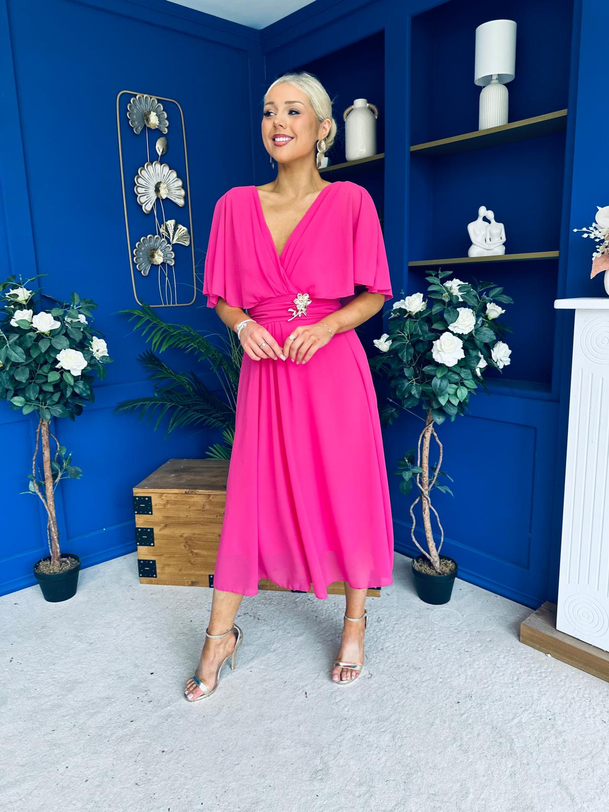 Nancy Cape Detailed Midi Dress Fuchsia