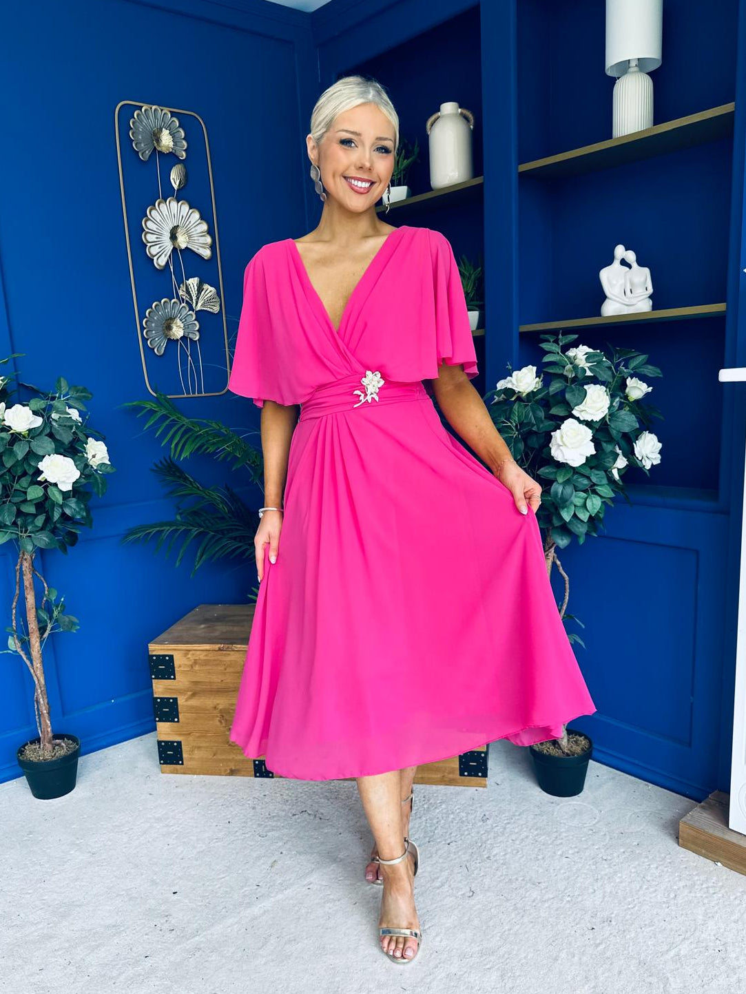 Nancy Cape Detailed Midi Dress Fuchsia