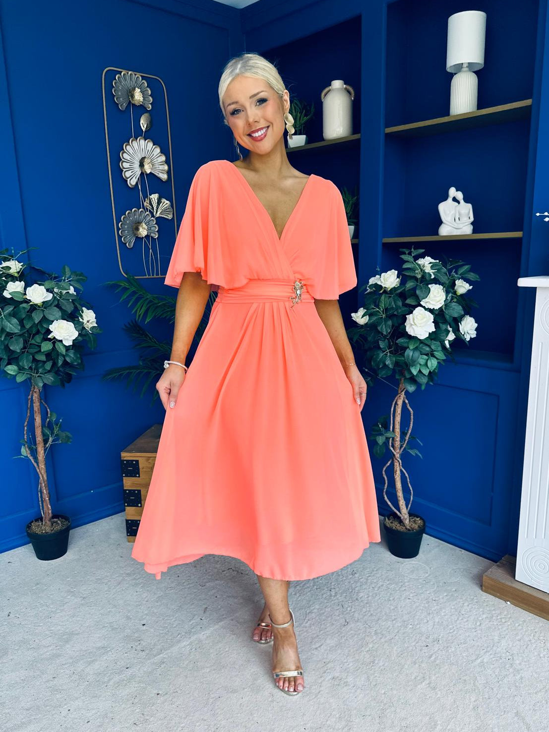Nancy Cape Detailed Midi Dress Peach