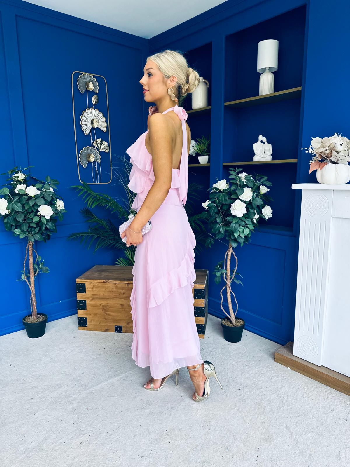 Cherie Frill Detail Halterneck Midi Dress Pink