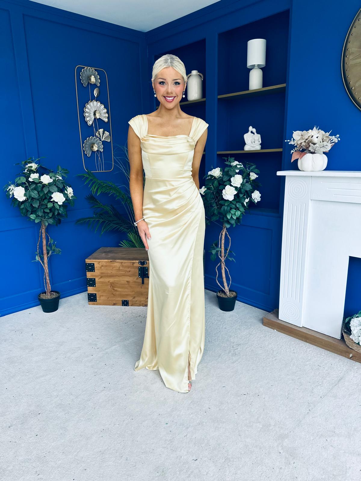 Sandra Bardot Satin Occasion Dress Yellow