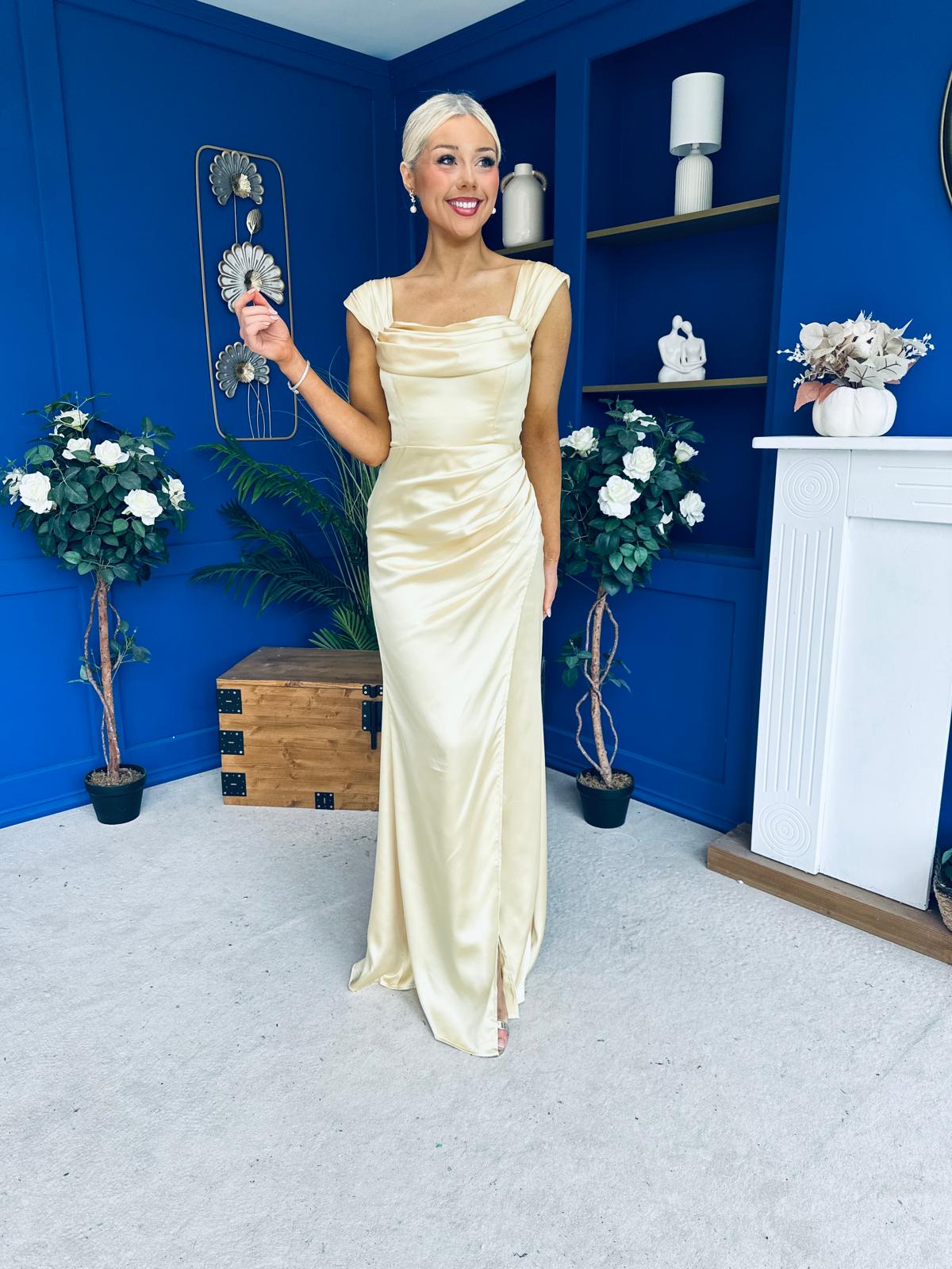 Sandra Bardot Satin Occasion Dress Yellow