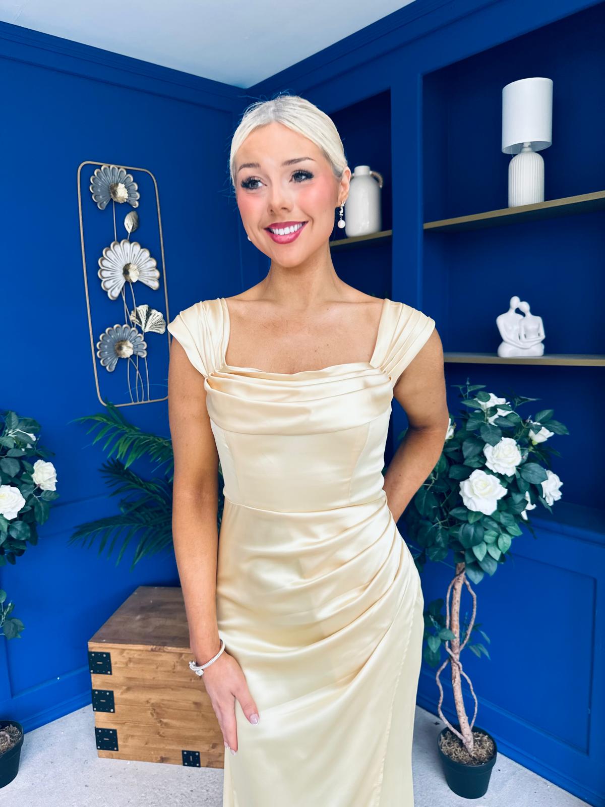 Sandra Bardot Satin Occasion Dress Yellow