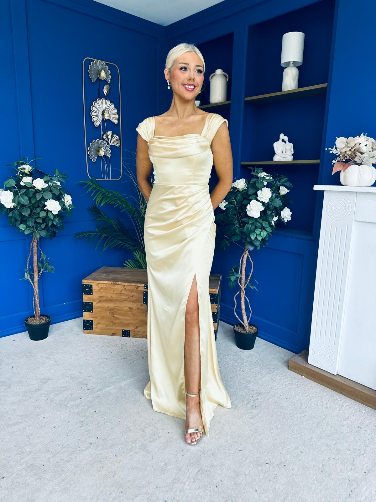 Sandra Bardot Satin Occasion Dress Yellow