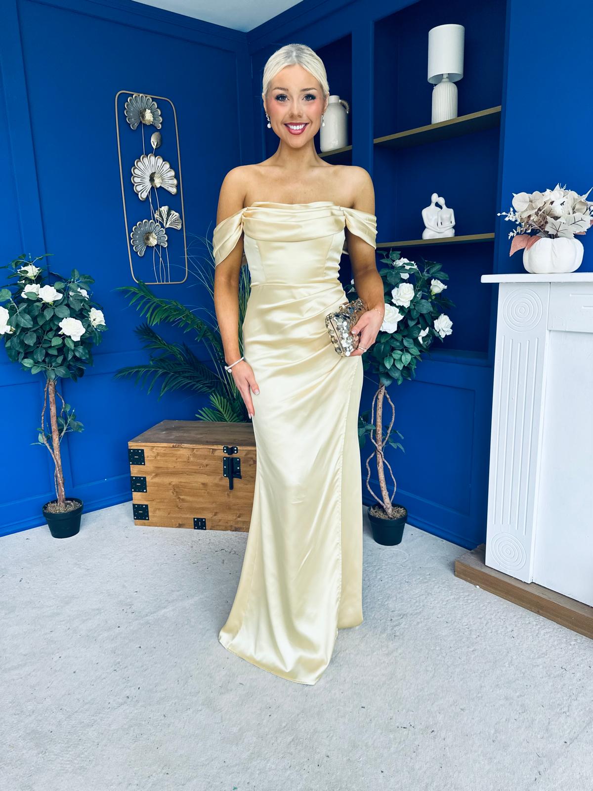 Sandra Bardot Satin Occasion Dress Yellow