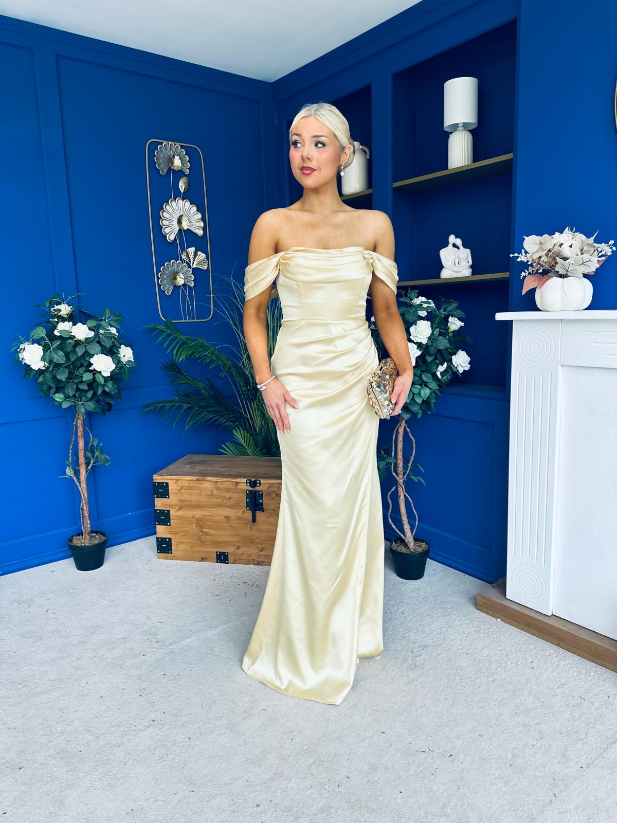 Sandra Bardot Satin Occasion Dress Yellow