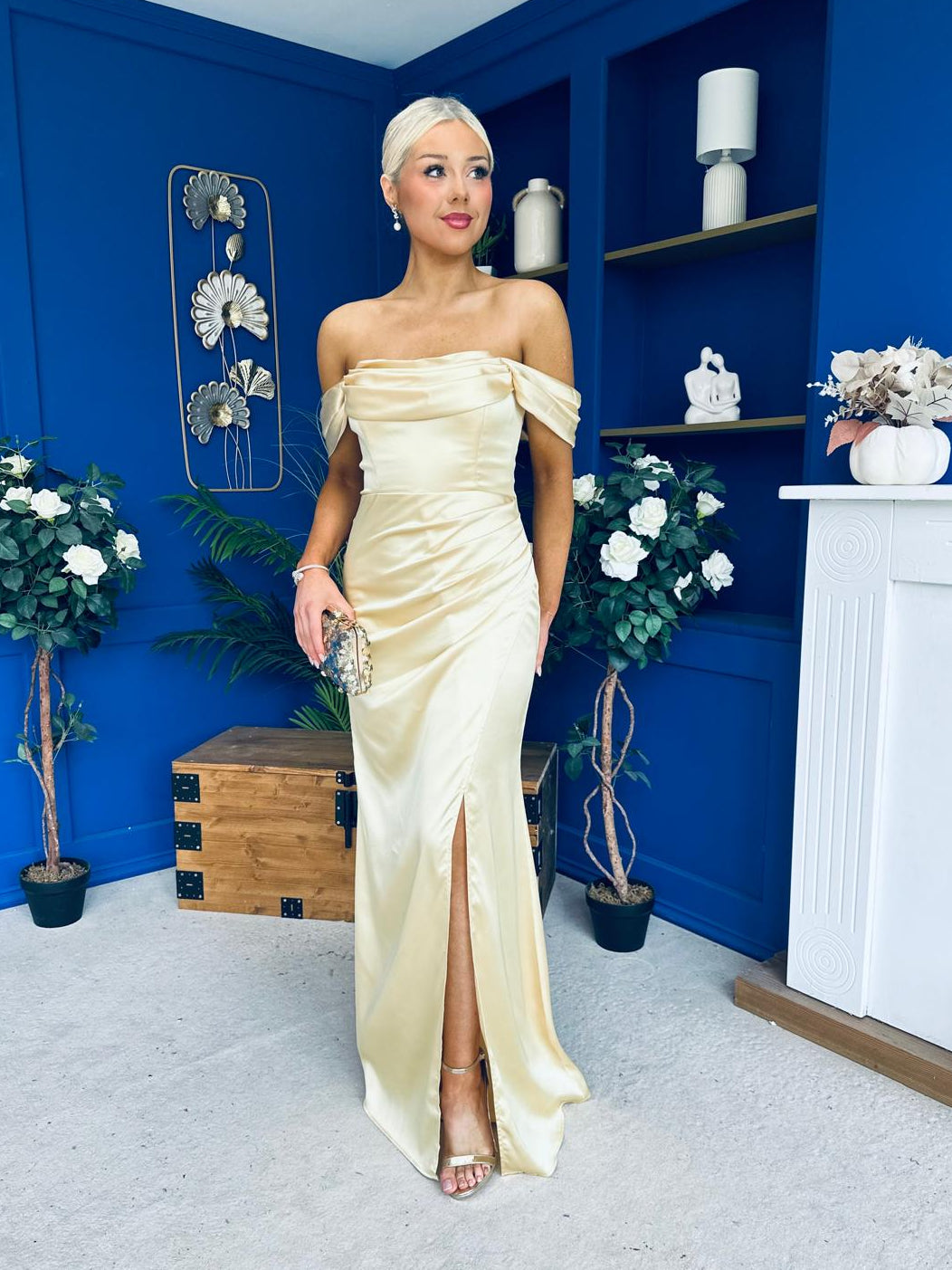 Sandra Bardot Satin Occasion Dress Yellow