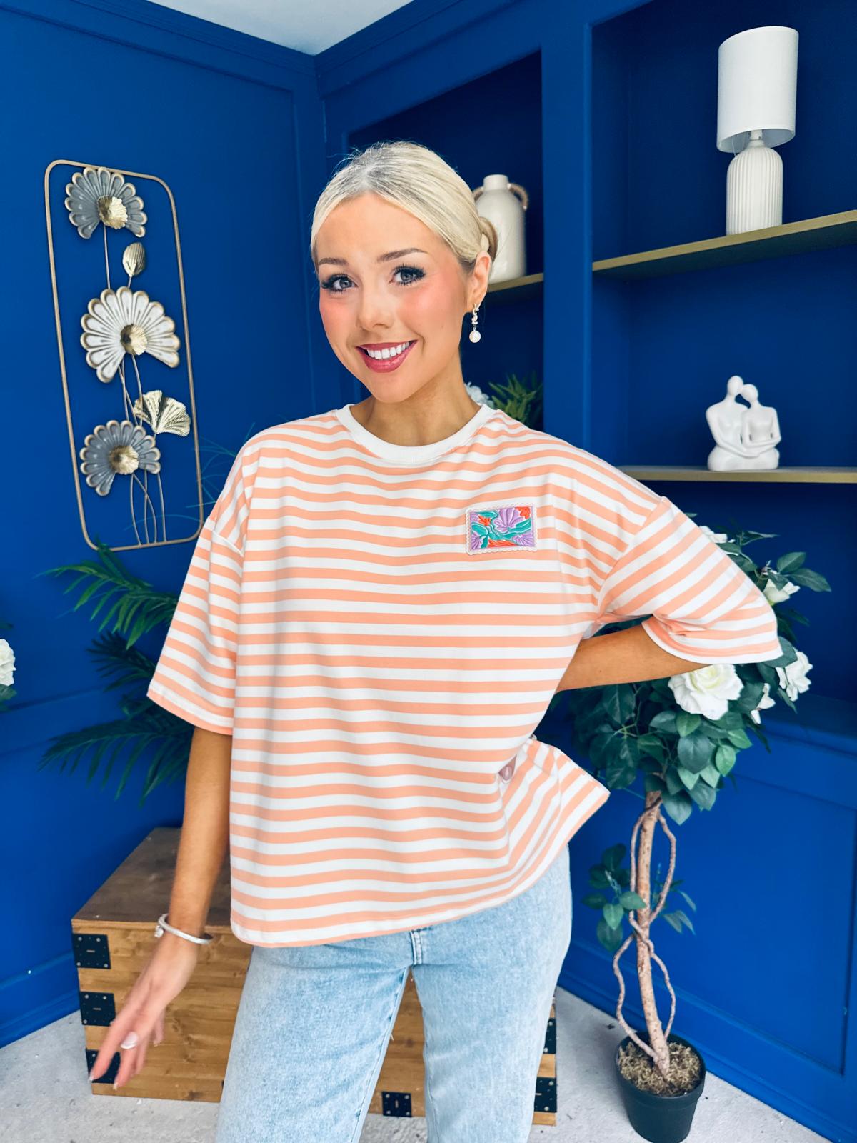 Orna Casual Striped T-Shirt Peach