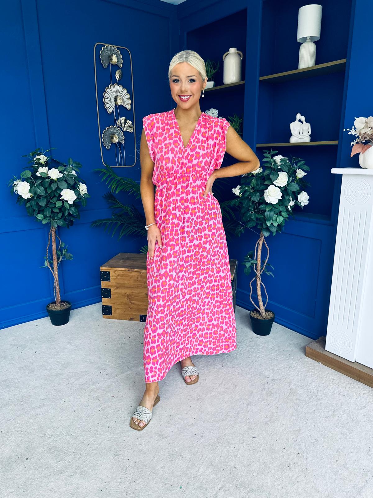 Gerri Sleeveles Midi Dress Leopard Fuchsia