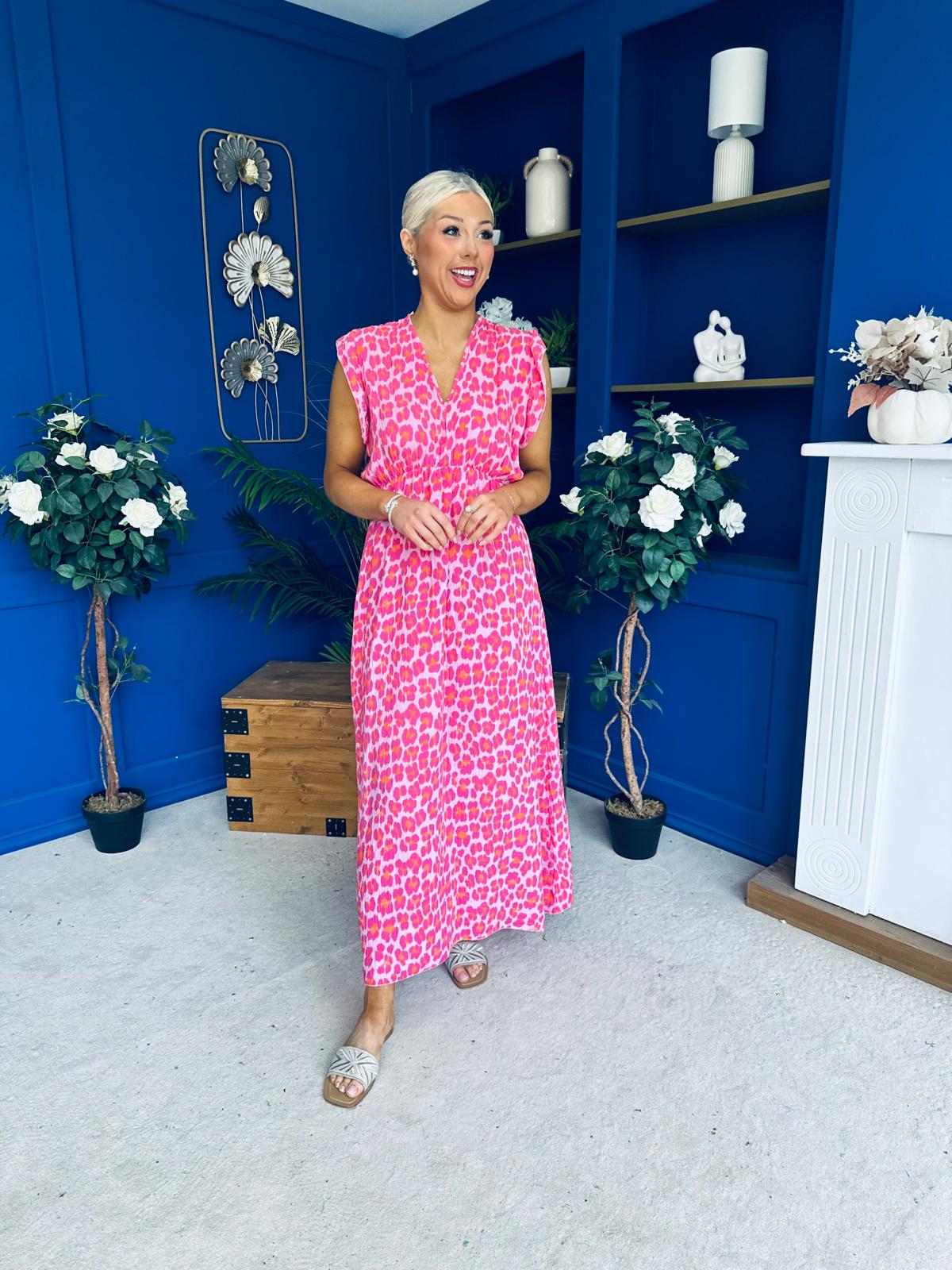 Gerri Sleeveles Midi Dress Leopard Fuchsia