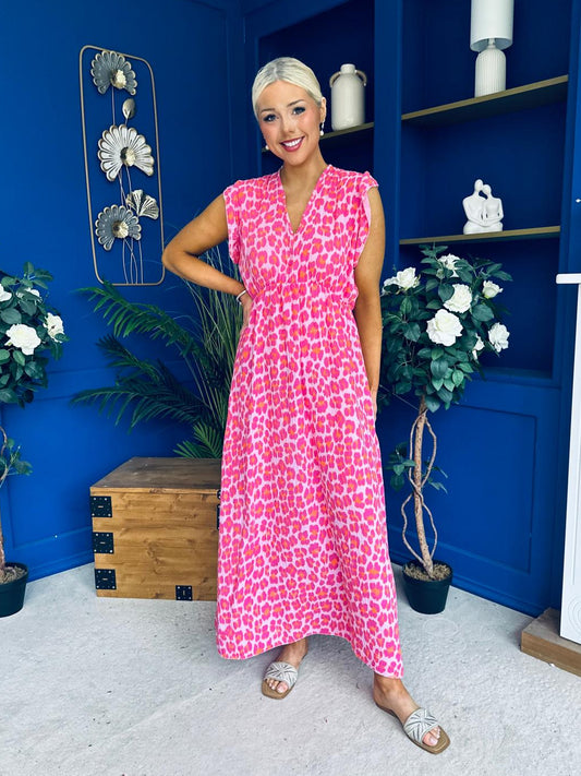 Gerri Sleeveles Midi Dress Leopard Fuchsia