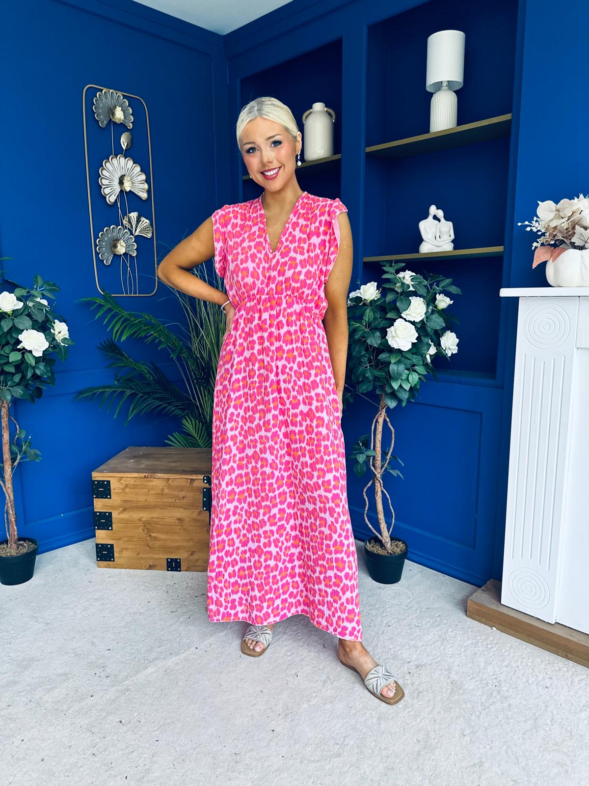 Gerri Sleeveles Midi Dress Leopard Fuchsia