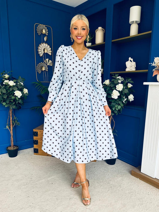 Avril Pleat Detail Midi Dress Coco Polka Blue