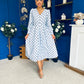 Avril Pleat Detail Midi Dress Coco Polka Blue