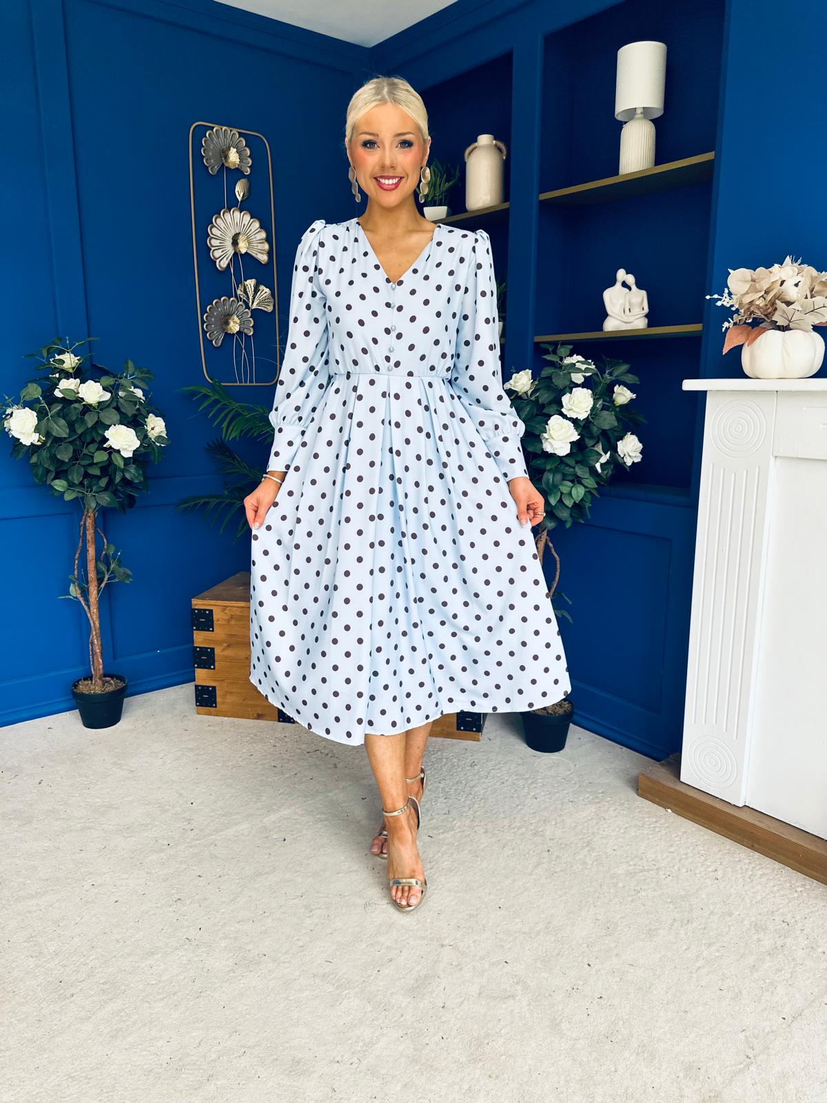 Avril Pleat Detail Midi Dress Coco Polka Blue