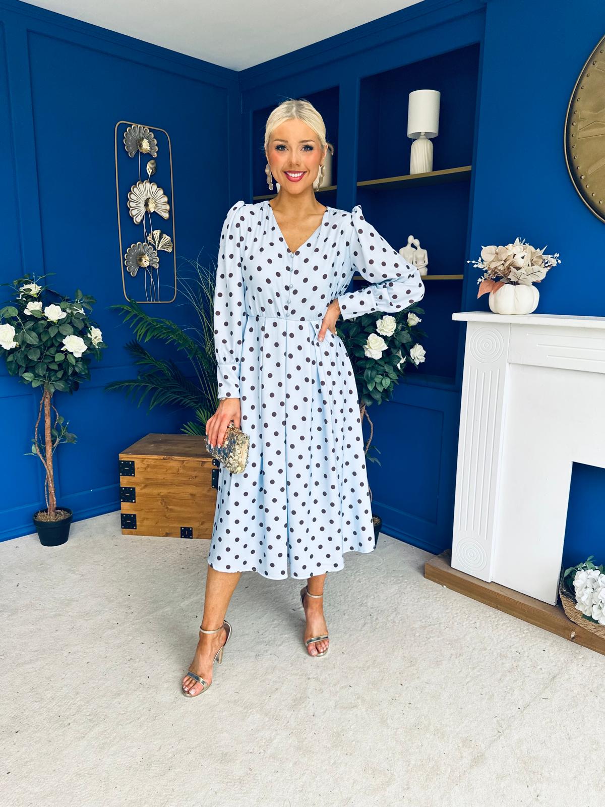 Avril Pleat Detail Midi Dress Coco Polka Blue