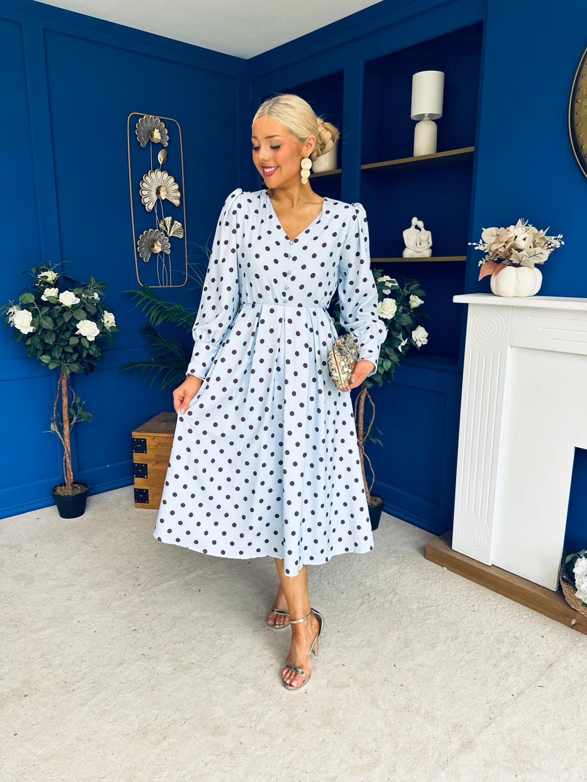 Avril Pleat Detail Midi Dress Coco Polka Blue