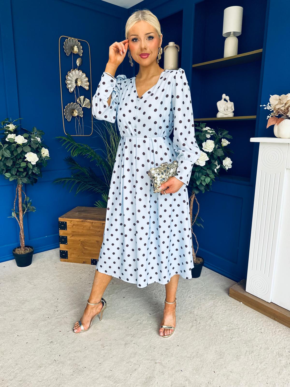 Avril Pleat Detail Midi Dress Coco Polka Blue