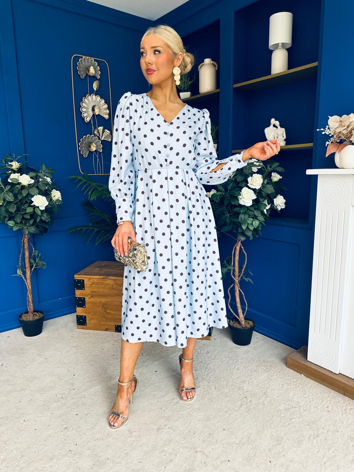 Avril Pleat Detail Midi Dress Coco Polka Blue