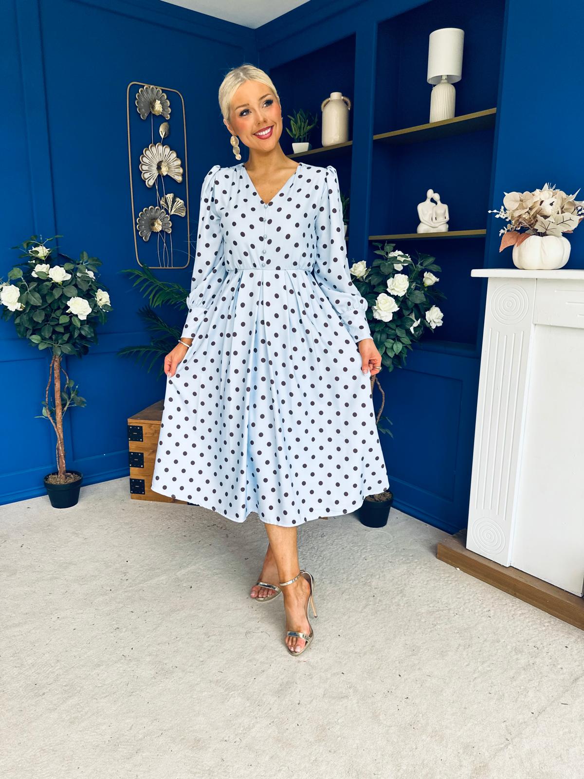 Avril Pleat Detail Midi Dress Coco Polka Blue