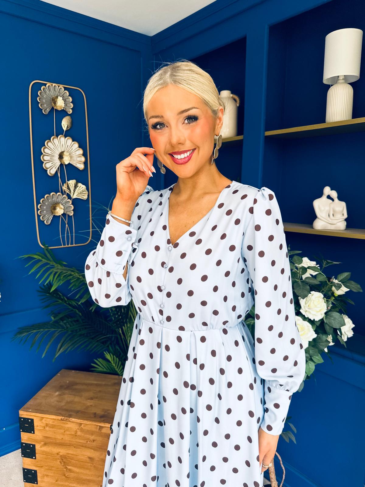 Avril Pleat Detail Midi Dress Coco Polka Blue