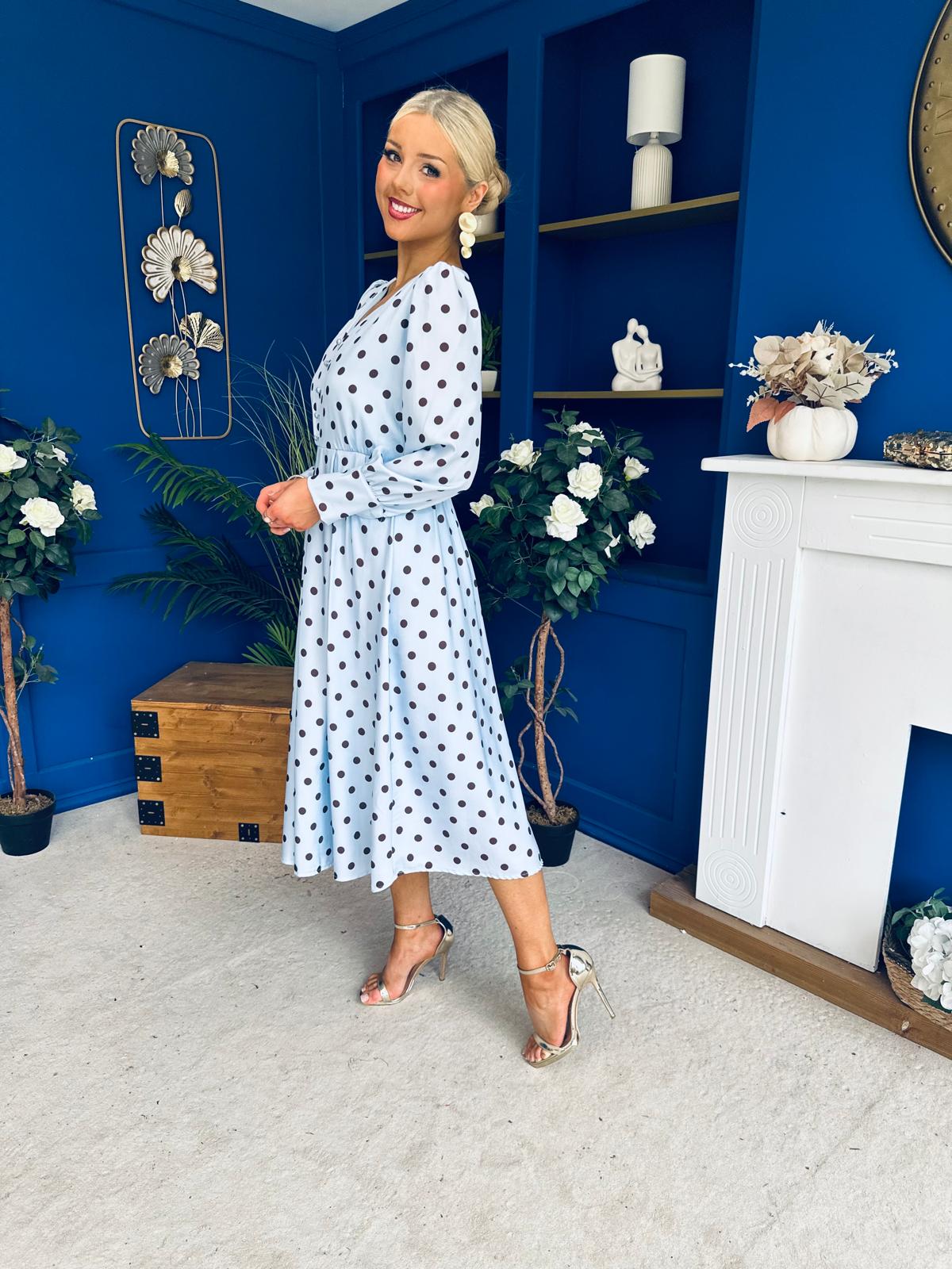 Avril Pleat Detail Midi Dress Coco Polka Blue