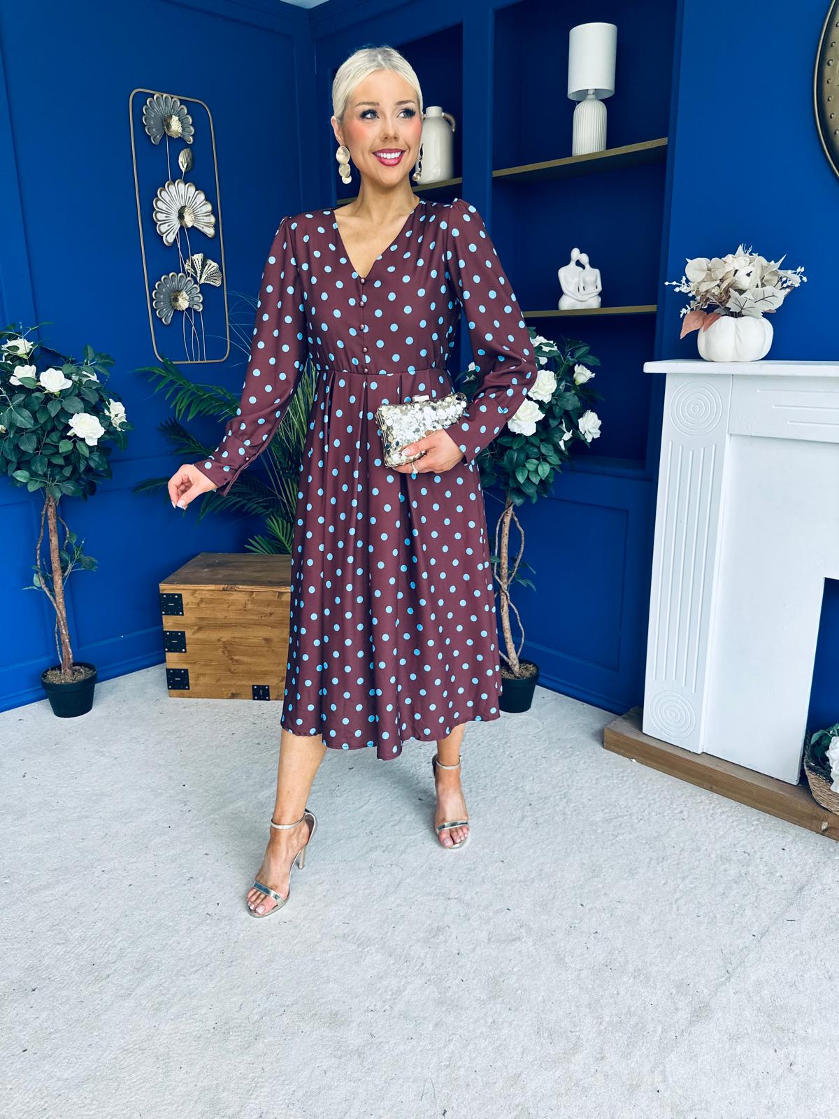 Avril Pleat Detail Midi Dress Blue Polka Coffee