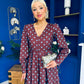 Avril Pleat Detail Midi Dress Blue Polka Coffee