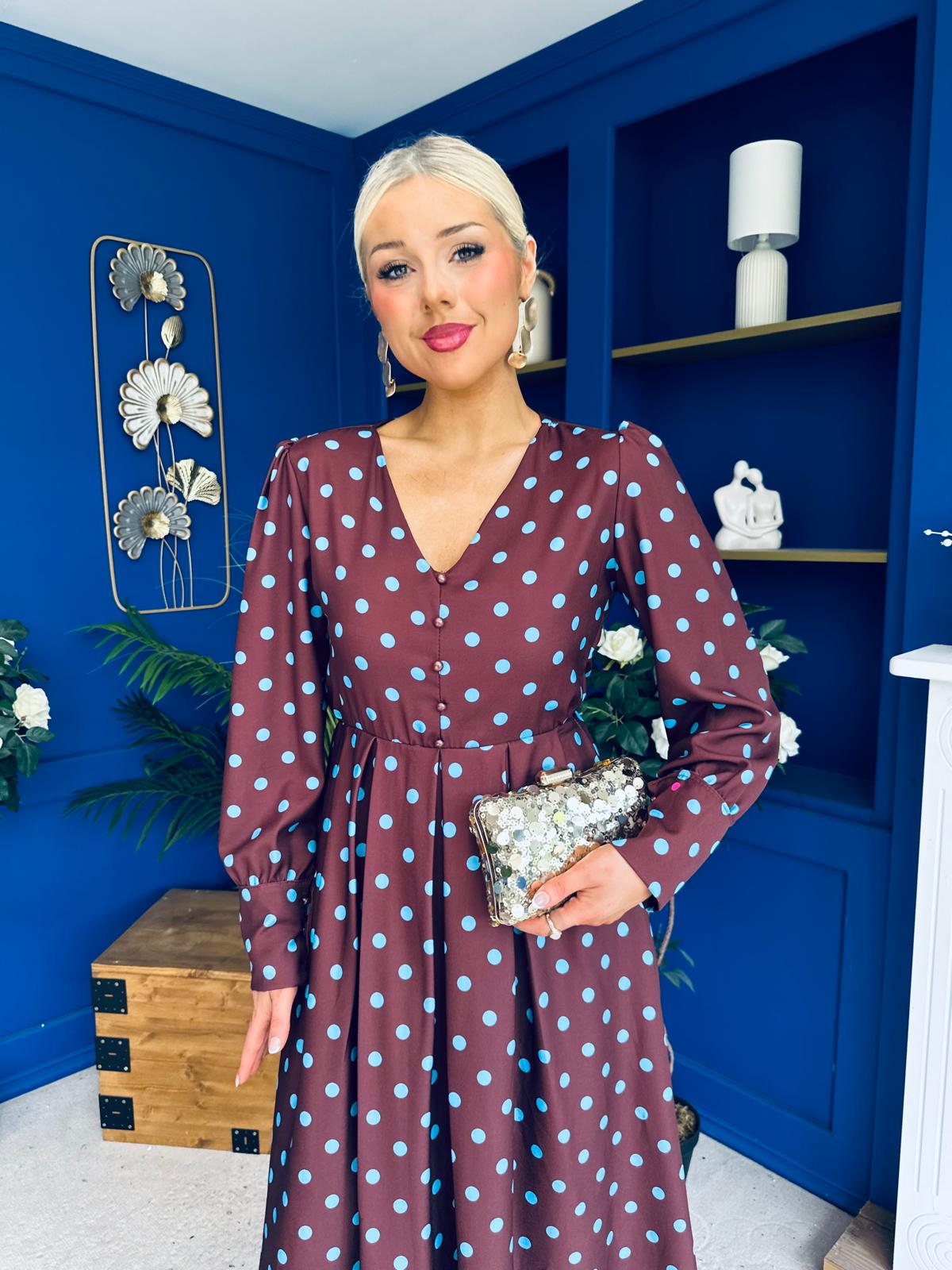 Avril Pleat Detail Midi Dress Blue Polka Coffee
