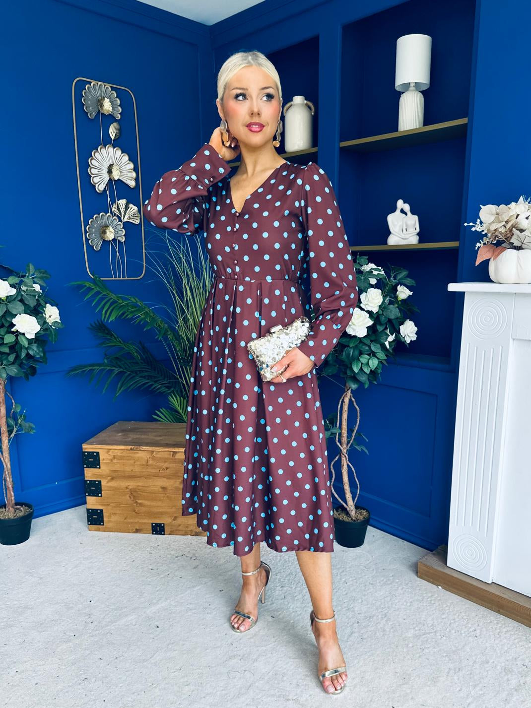 Avril Pleat Detail Midi Dress Blue Polka Coffee