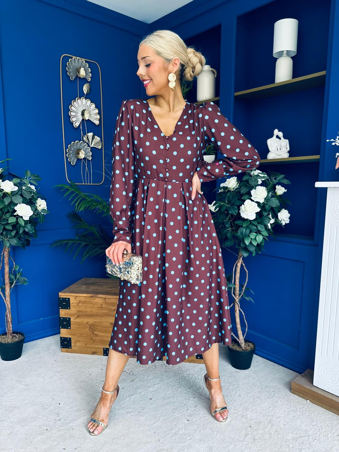 Avril Pleat Detail Midi Dress Blue Polka Coffee