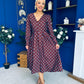 Avril Pleat Detail Midi Dress Blue Polka Coffee