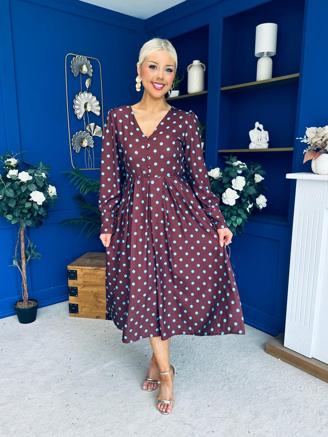 Avril Pleat Detail Midi Dress Blue Polka Coffee