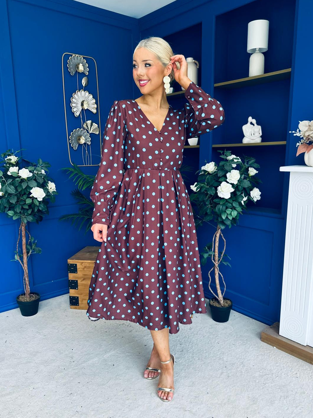 Avril Pleat Detail Midi Dress Blue Polka Coffee