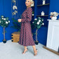 Avril Pleat Detail Midi Dress Blue Polka Coffee