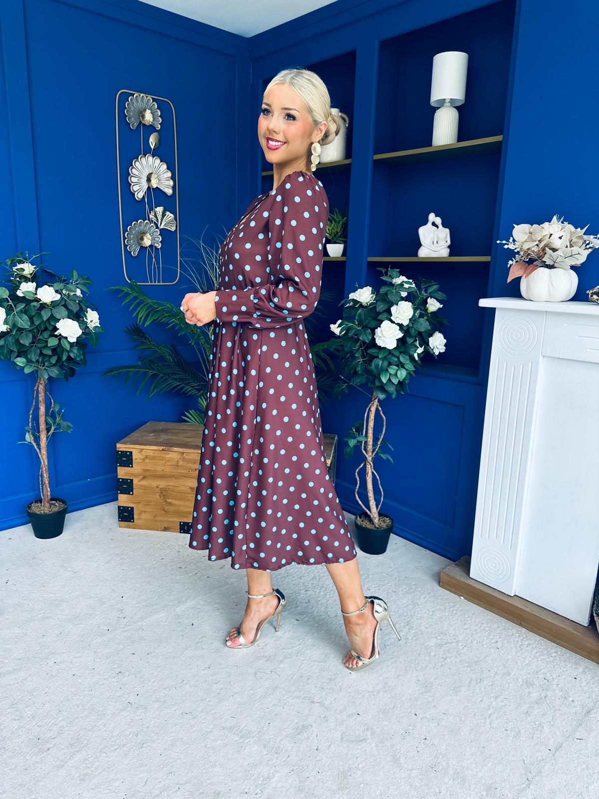 Avril Pleat Detail Midi Dress Blue Polka Coffee