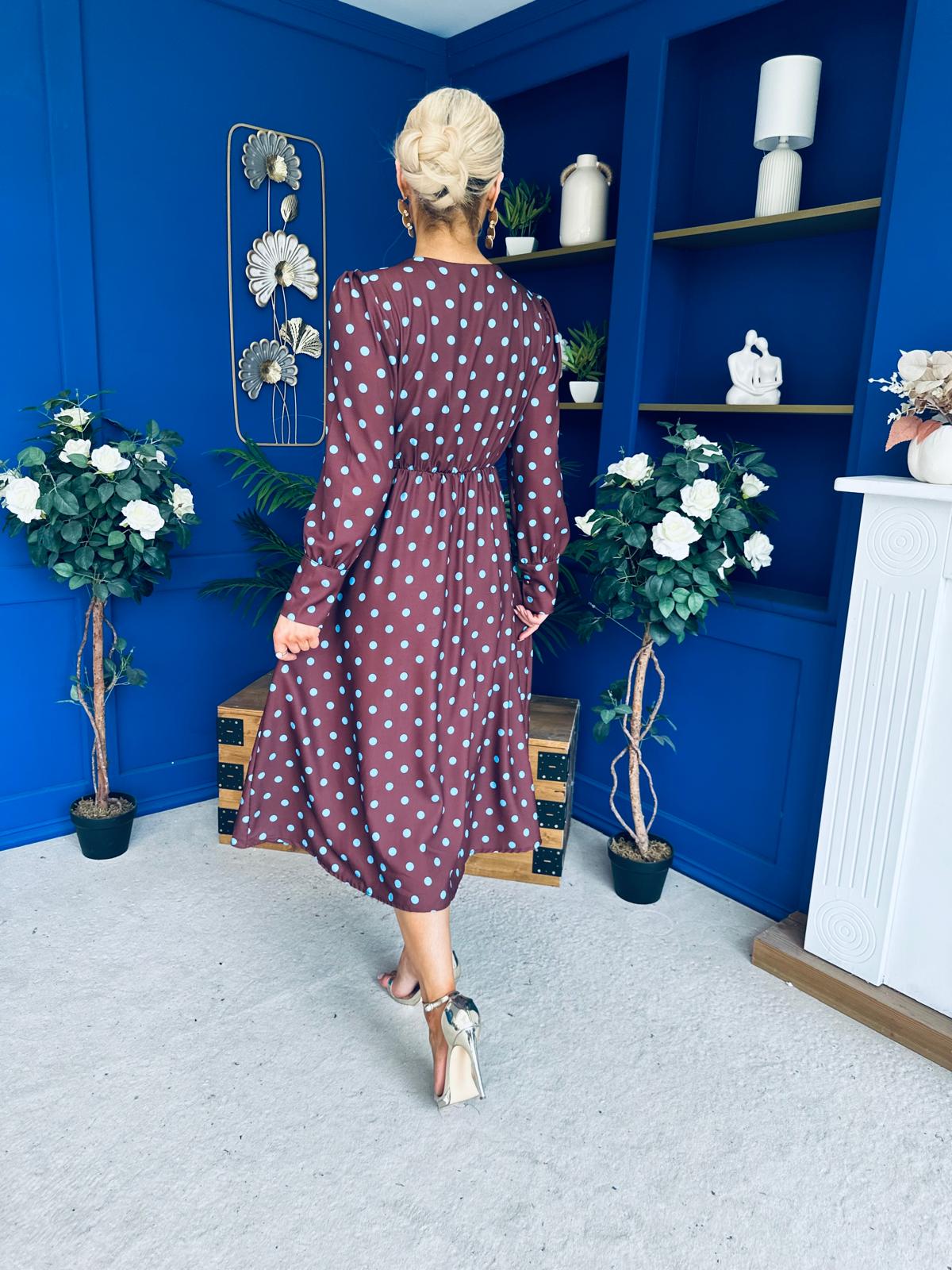 Avril Pleat Detail Midi Dress Blue Polka Coffee